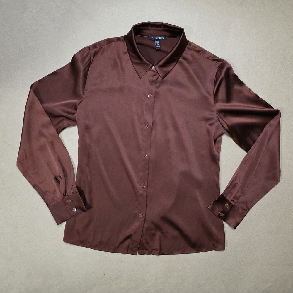 Eileen Fisher XXS Stretch Silk Charmeuse Classic Collar Shirt Redwood Holidays